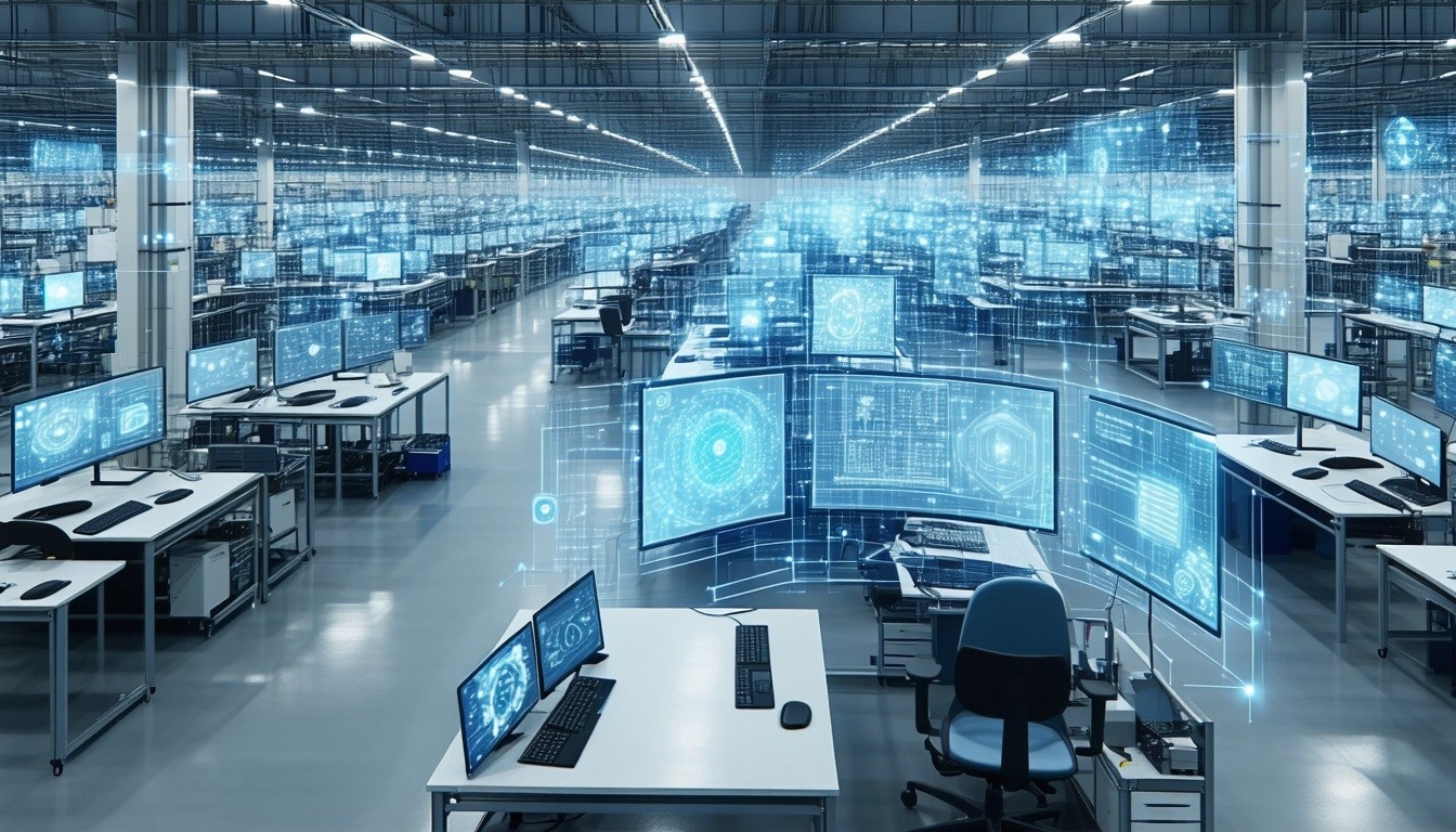 A factory floor with interconnected digital screen