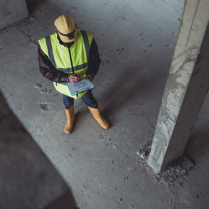 Man with clipboard by pillar